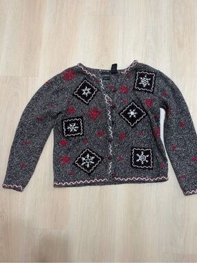 Erika Gray Cardigan with Red and Black Snowflake Appliqués